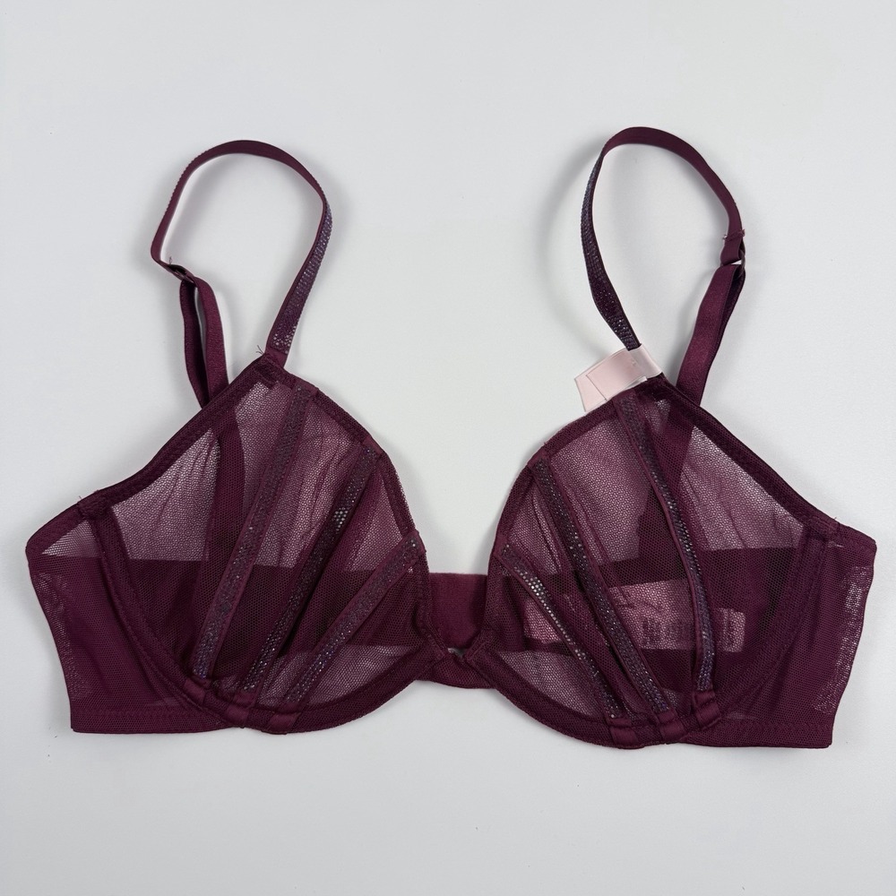Victoria's Secret Very Sexy Mesh Shine Strap Demi Bra Burgundy Low Cut 34C NWT